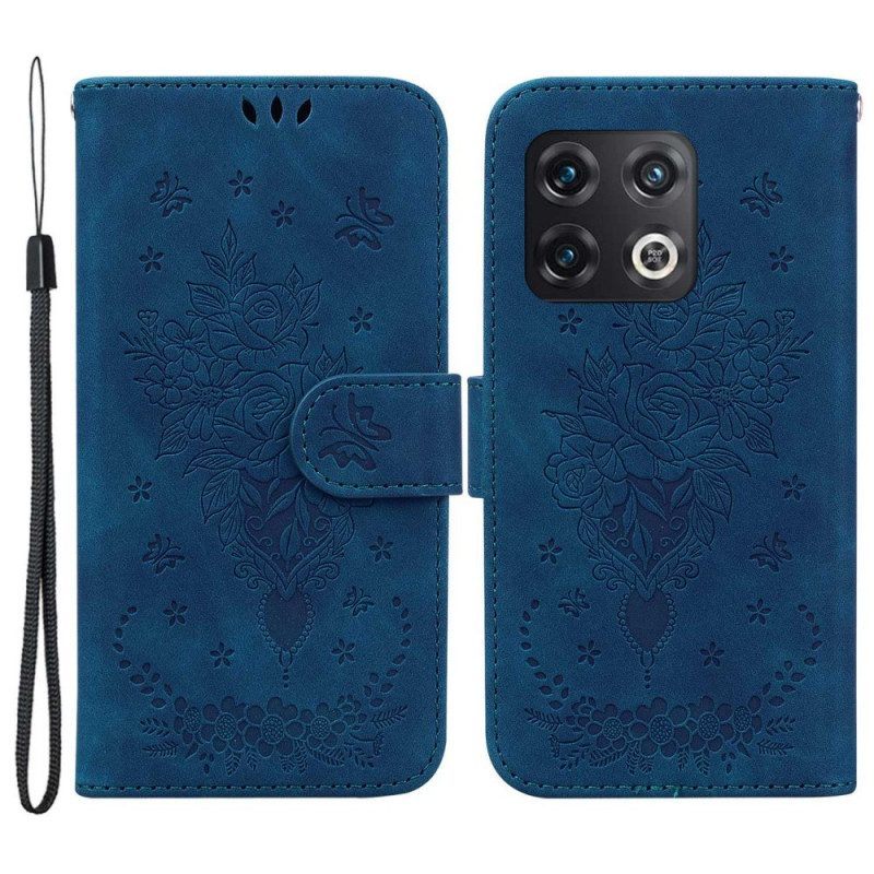 Flip Case voor OnePlus 10 Pro 5G Met Ketting Strappy Rozen En Vlinders