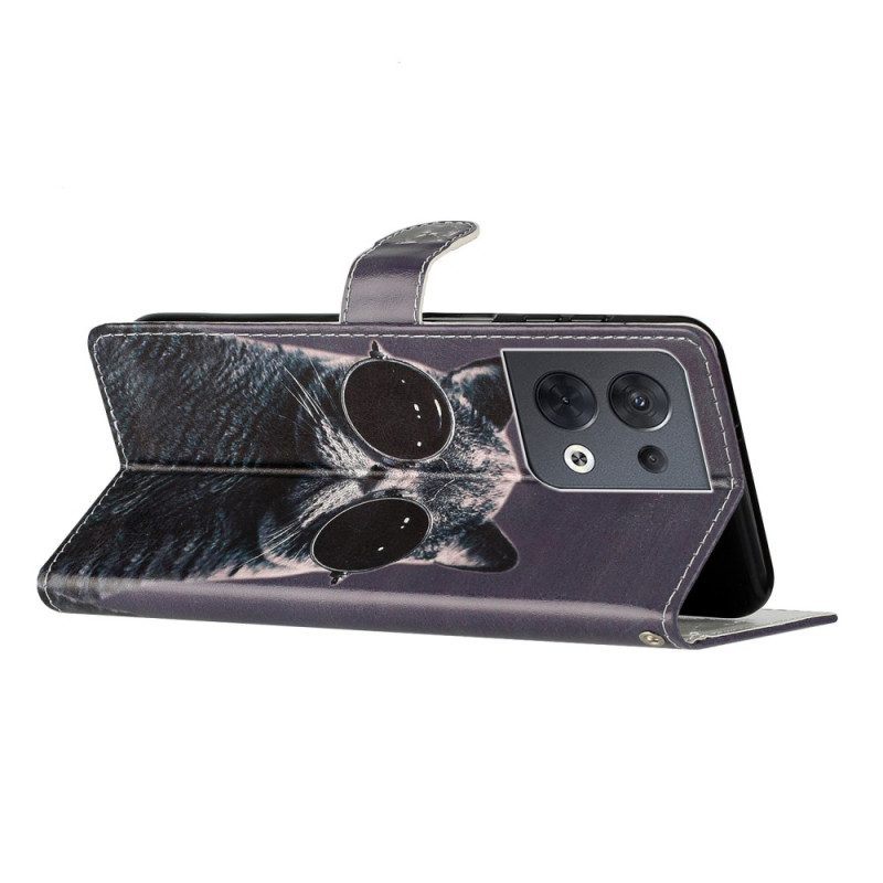 Flip Case voor Oppo Reno 8 Met Ketting Kat Strappy Bril