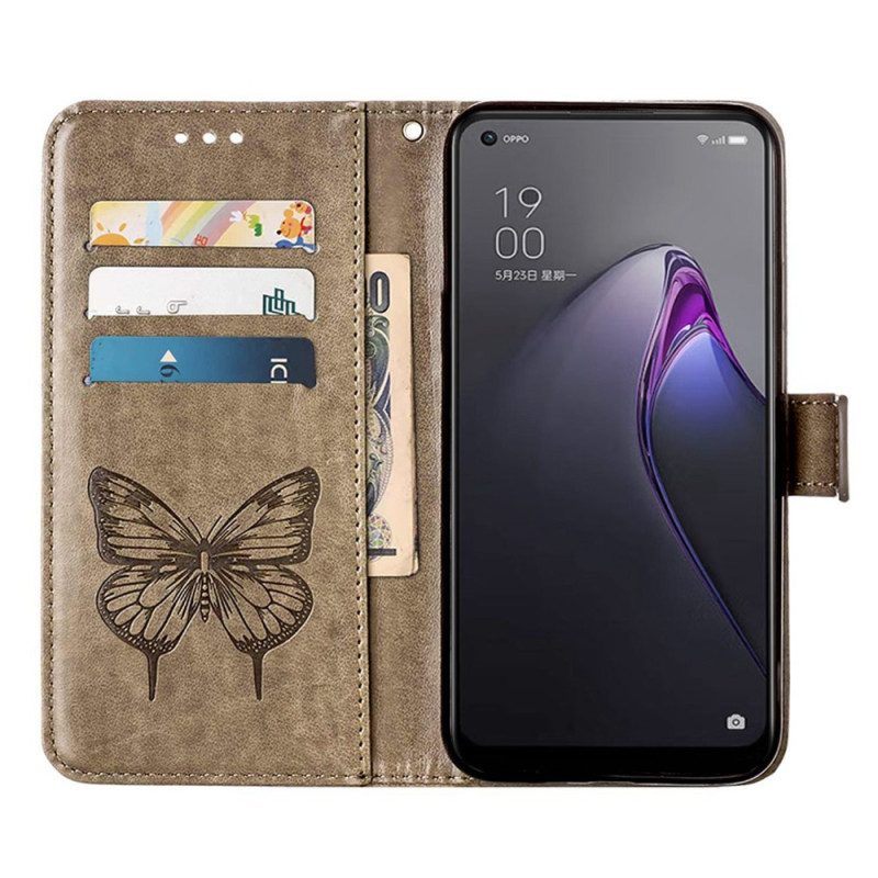 Flip Case voor Oppo Reno 8 Pro Met Ketting Barokke Strappy Vlinder