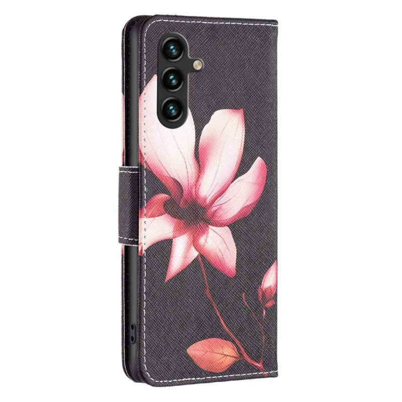 Flip Case voor Samsung Galaxy A14 / A14 5G Bloem Op Zwarte Achtergrond