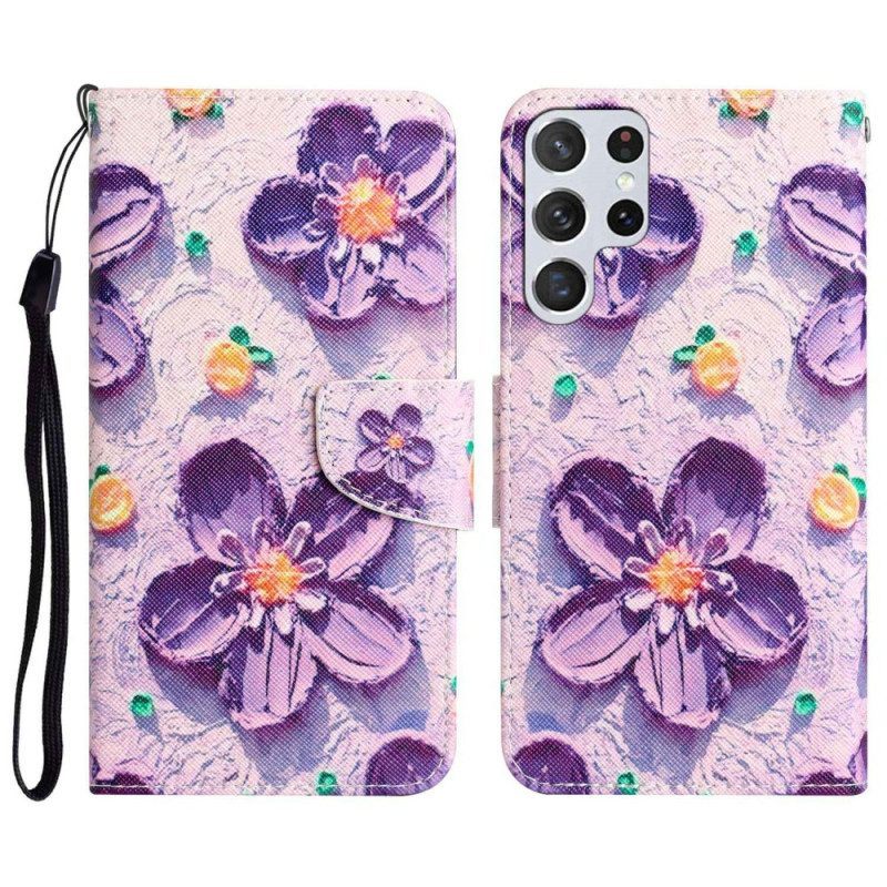 Flip Case voor Samsung Galaxy S23 Ultra 5G Met Ketting Alleen Bandbloemen