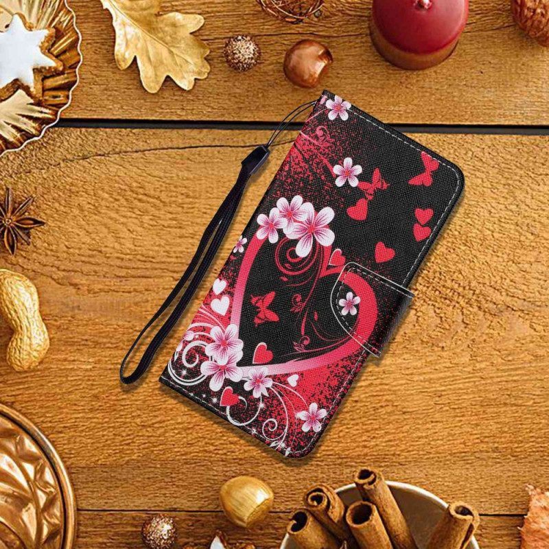 Flip Case voor Xiaomi 12T / 12T Pro Bloemen En Harten Met Sleutelkoord