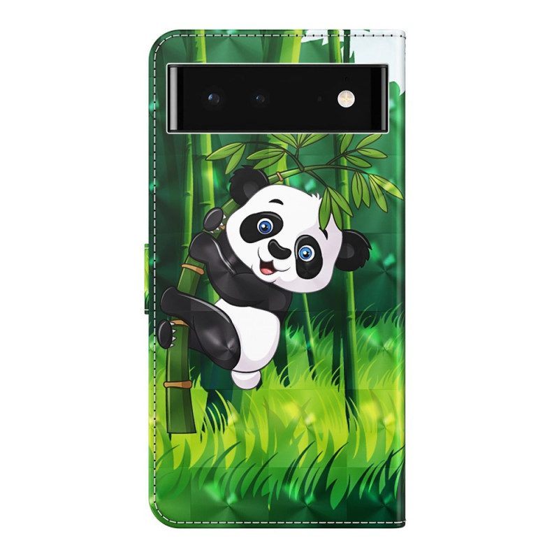 Folio-hoesje voor Google Pixel 7 Met Ketting Panda En Bamboe Met Lanyard