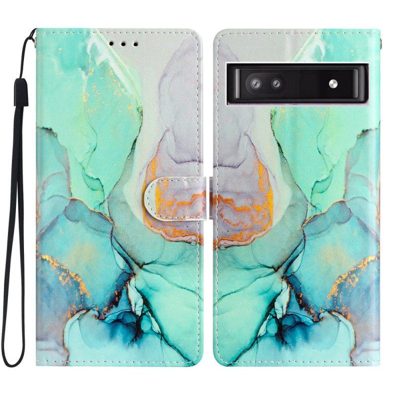 Folio-hoesje voor Google Pixel 7A Met Ketting Marmerpatroon Met Bandjes