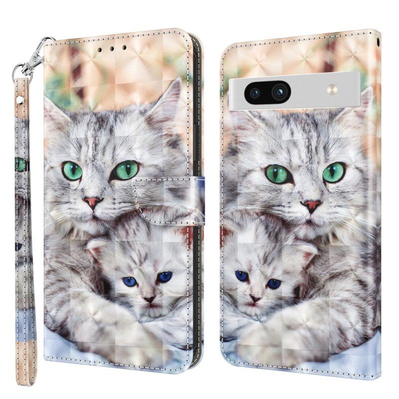 Folio-hoesje voor Google Pixel 7A Met Ketting Strappy Cat-familie