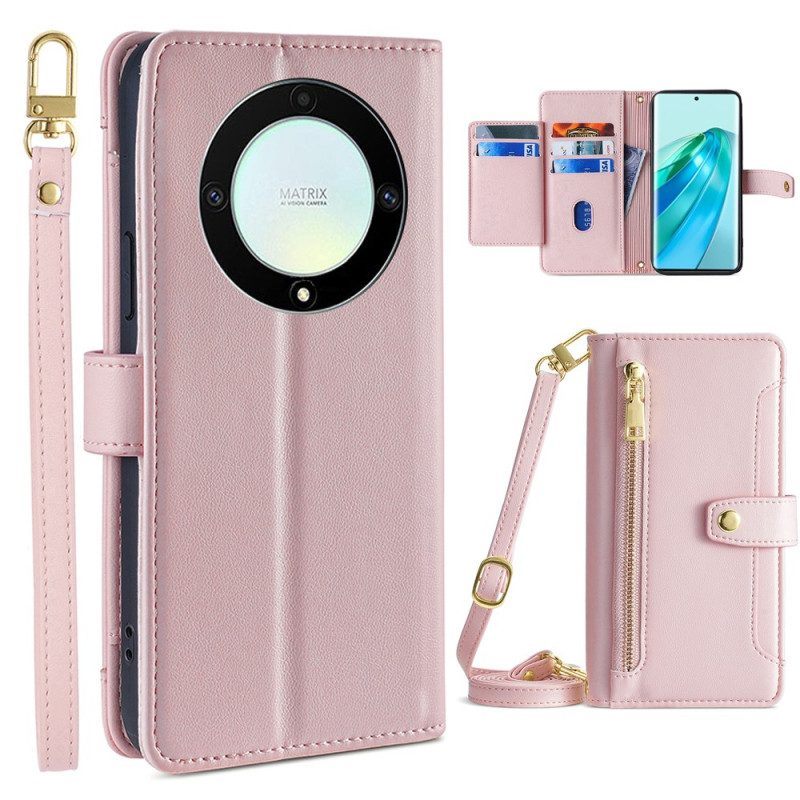 Folio-hoesje voor Honor Magic 5 Lite Portemonnee Leren Portemonnee Met Lanyard En Schouderriem