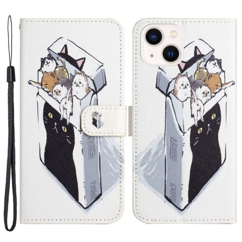 Folio-hoesje voor iPhone 14 Plus Met Ketting Grappige Stringkatten