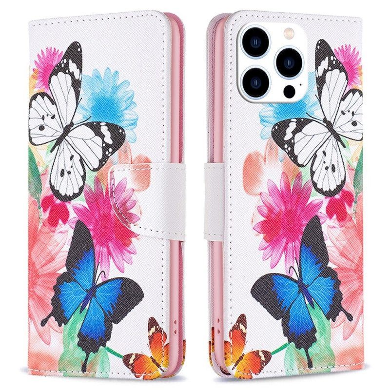 Folio-hoesje voor iPhone 14 Pro Aquarel Vlinders