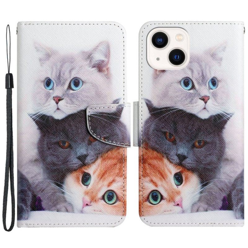 Folio-hoesje voor iPhone 15 Met Ketting Alleen Katten Met Riemen