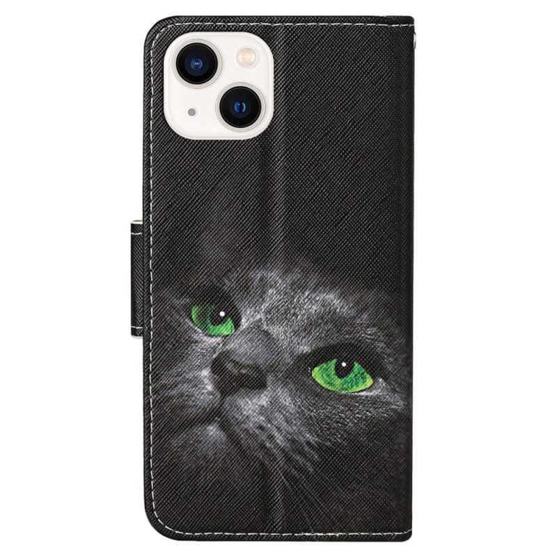 Folio-hoesje voor iPhone 15 Met Ketting Kat Met Groene Ogen En Riem