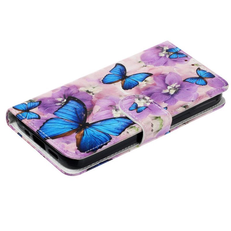 Folio-hoesje voor iPhone 15 Met Ketting Kleine Blauwe Vlinders Met Riempje