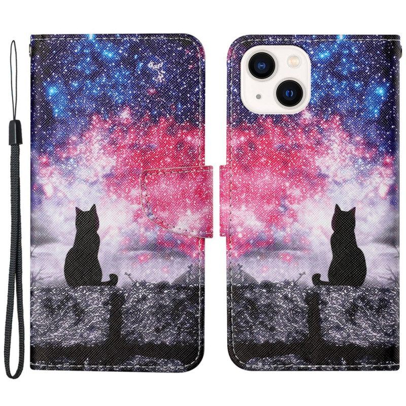 Folio-hoesje voor iPhone 15 Met Ketting Moonlight Kat Met Riem