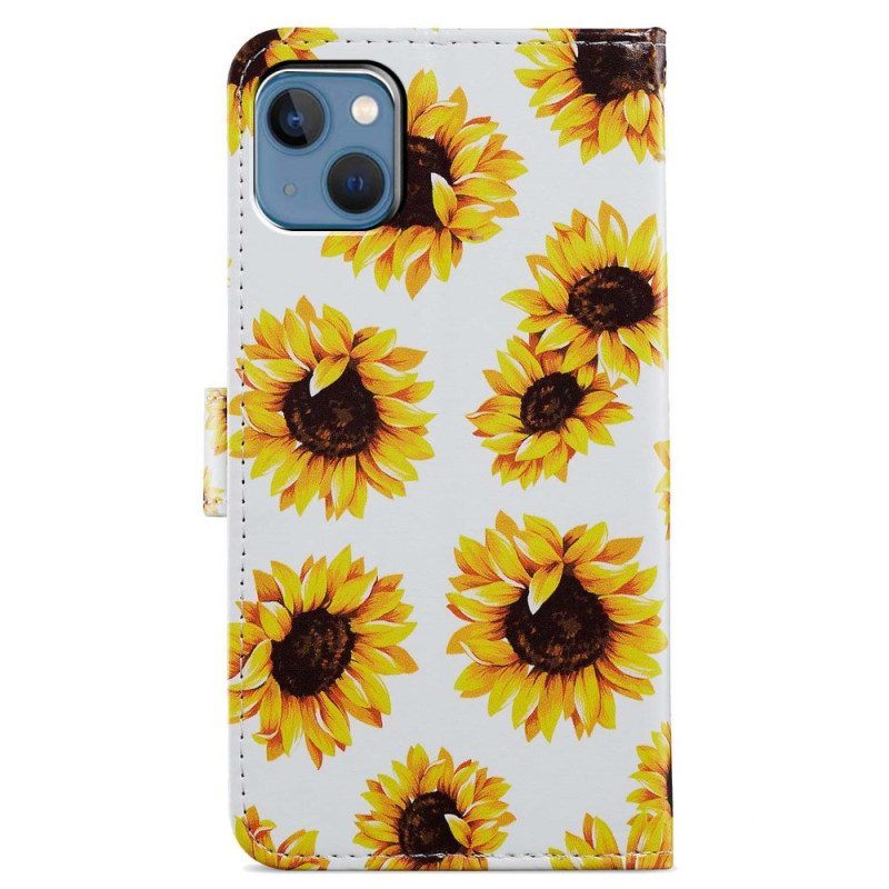 Folio-hoesje voor iPhone 15 Met Ketting Riem Zonnebloemen