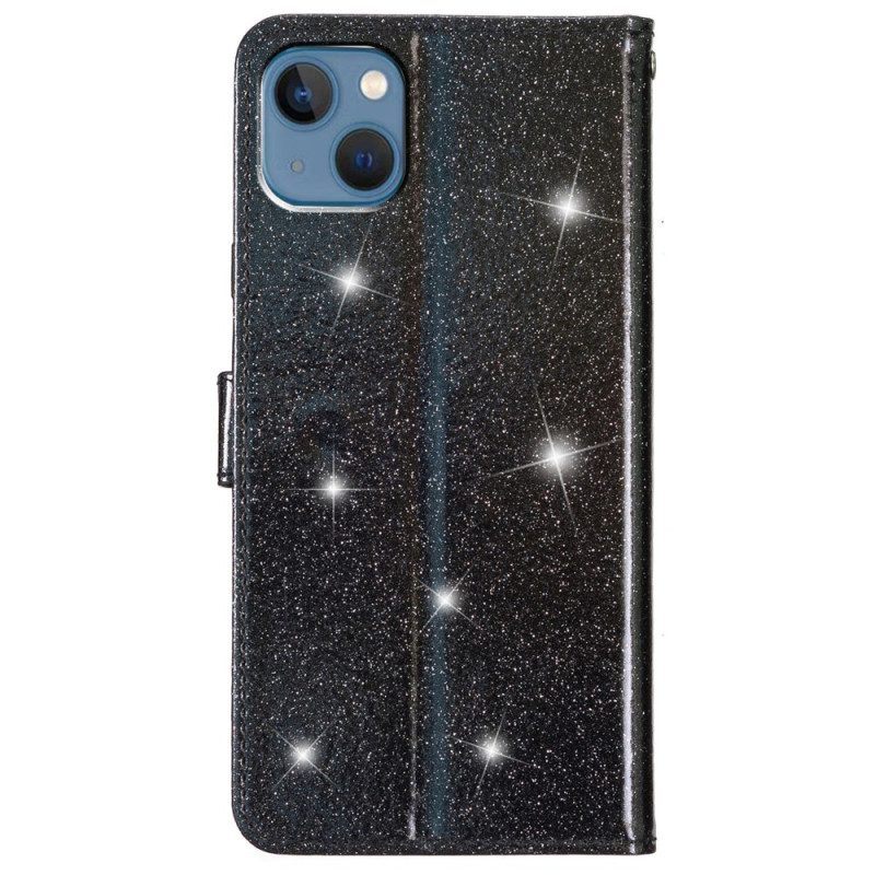 Folio-hoesje voor iPhone 15 Plus Met Ketting Glittereffect Met Riempje