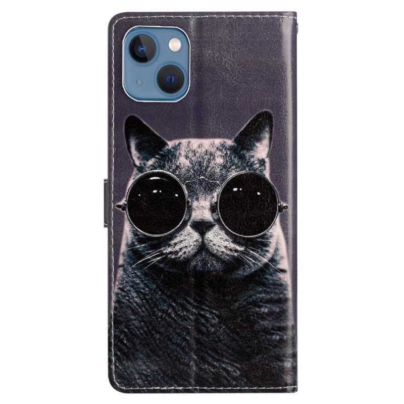 Folio-hoesje voor iPhone 15 Plus Met Ketting Kat Met Riembril