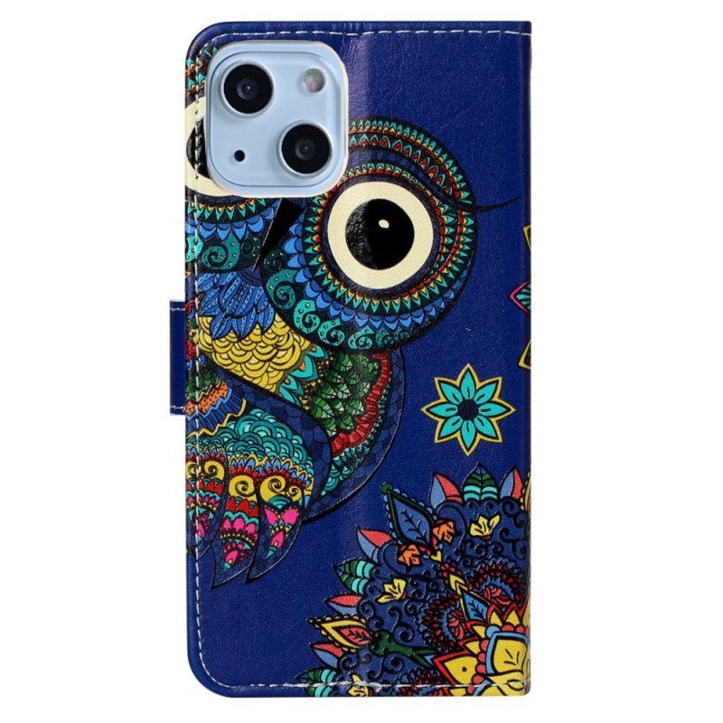 Folio-hoesje voor iPhone 15 Plus Met Ketting Tribal Uil Met Riem