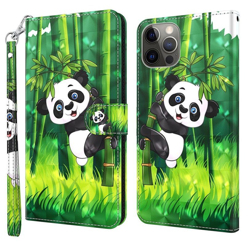 Folio-hoesje voor iPhone 15 Pro Max Met Ketting 3d Bamboe Panda Met Riem