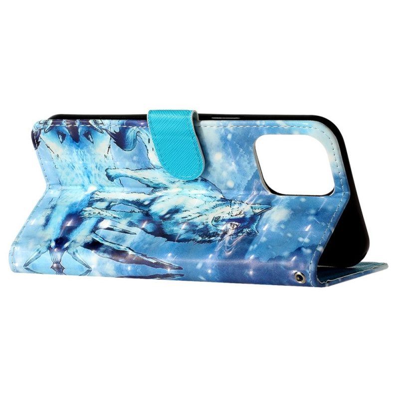 Folio-hoesje voor iPhone 15 Pro Max Met Ketting 3d Wolf Met Riem