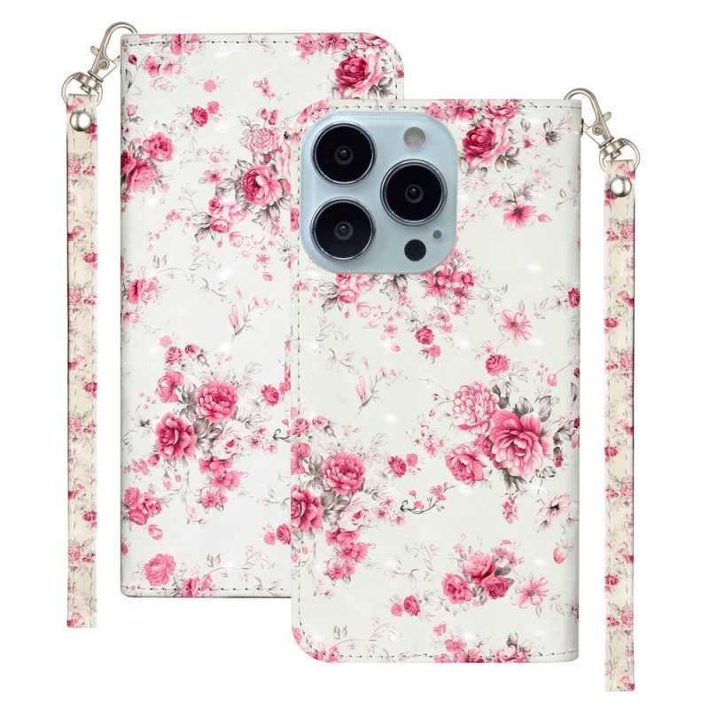 Folio-hoesje voor iPhone 15 Pro Met Ketting 3d Bloemen Met Bandje