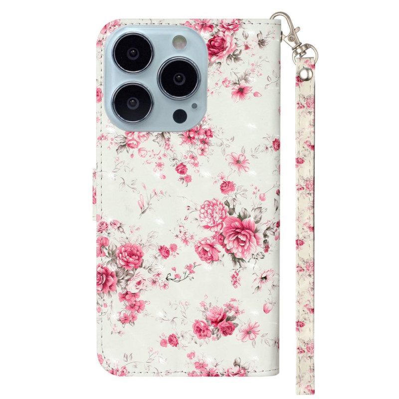 Folio-hoesje voor iPhone 15 Pro Met Ketting 3d Bloemen Met Bandje