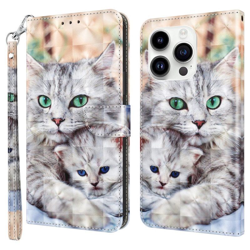 Folio-hoesje voor iPhone 15 Pro Met Ketting Zachte String Katten