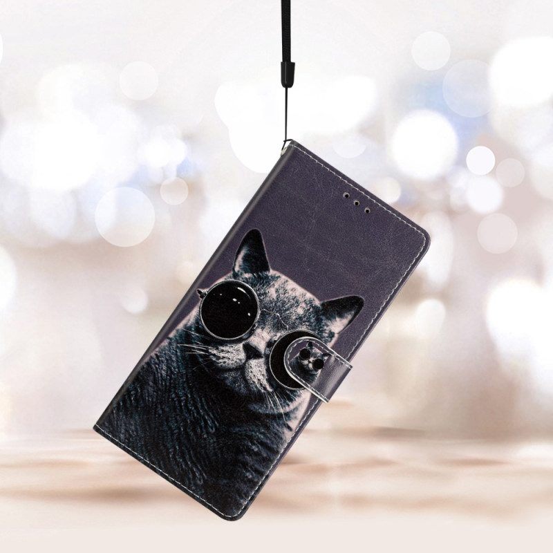 Folio-hoesje voor Moto G73 5G Met Ketting Bril Met Bandjes Cat