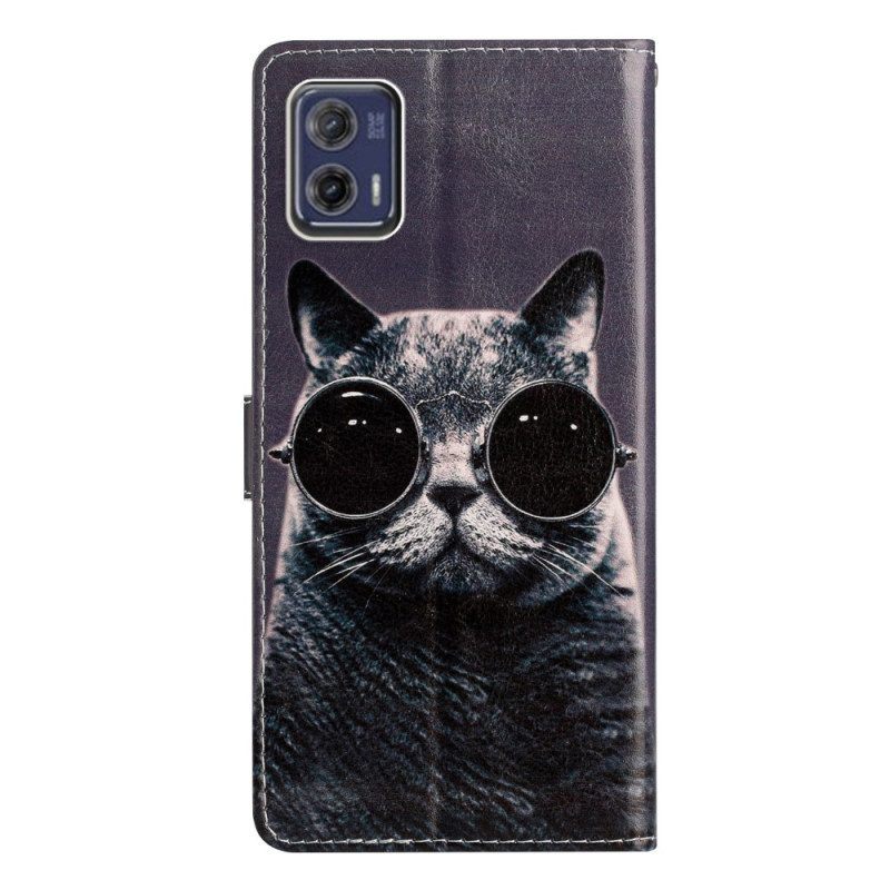 Folio-hoesje voor Moto G73 5G Met Ketting Bril Met Bandjes Cat