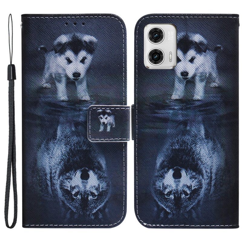 Folio-hoesje voor Moto G73 5G Met Ketting Strappy Puppy-droom