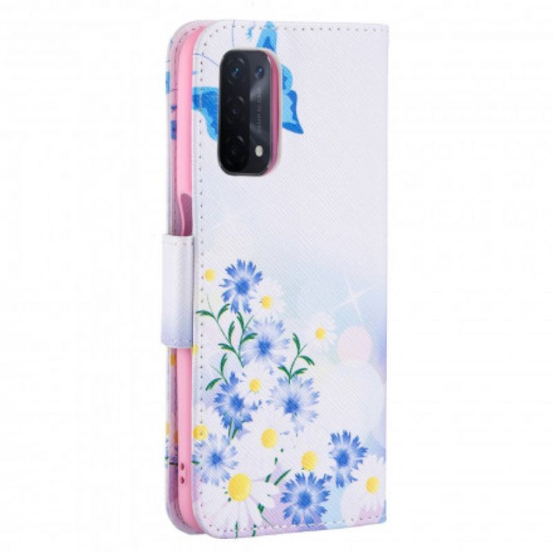 Folio-hoesje voor Oppo A54 5G / A74 5G Geschilderde Vlinders En Bloemen