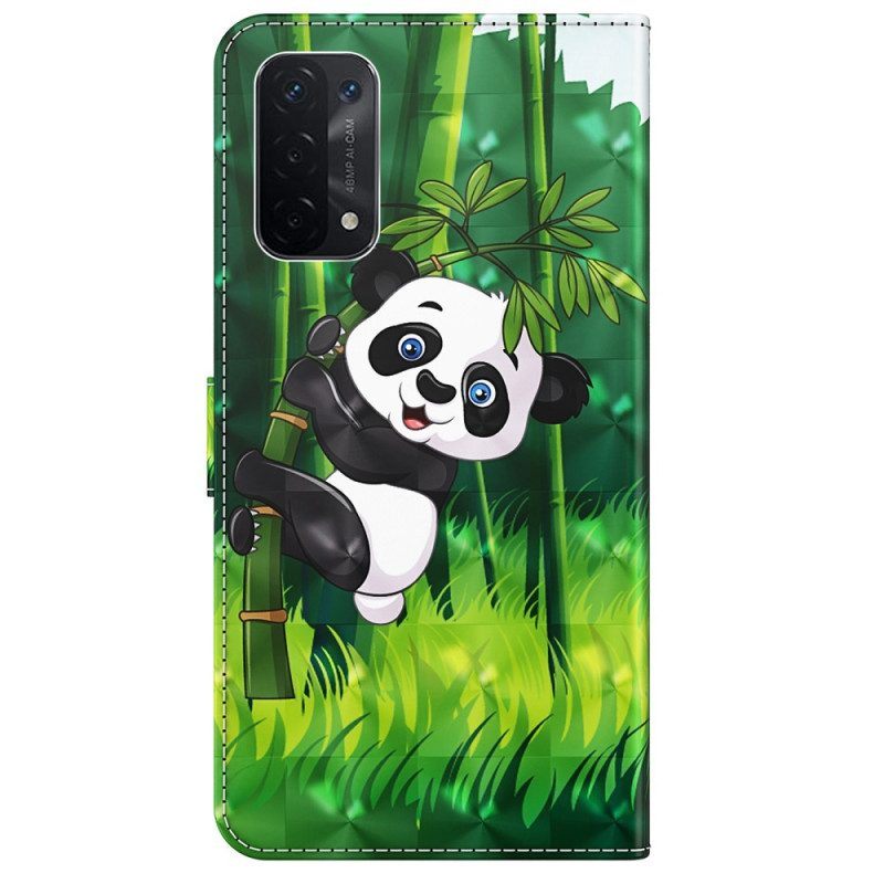 Folio-hoesje voor Oppo A54 5G / A74 5G Met Ketting Panda En Bamboe Met Lanyard