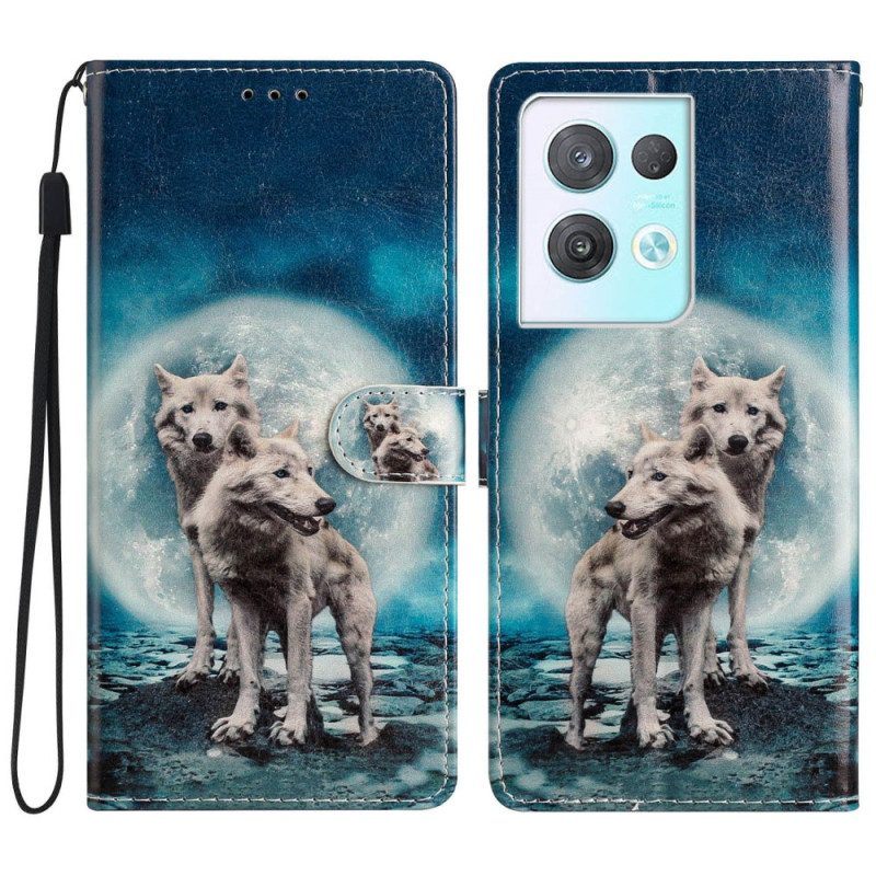 Folio-hoesje voor Oppo Reno 8 Pro Met Ketting Lanyard Wolf