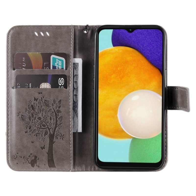 Folio-hoesje voor Samsung Galaxy A14 / A14 5G Met Ketting Boom En Strappy Cat