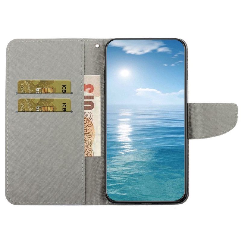 Folio-hoesje voor Samsung Galaxy A14 / A14 5G Met Ketting Geborstelde Koolstofvezel