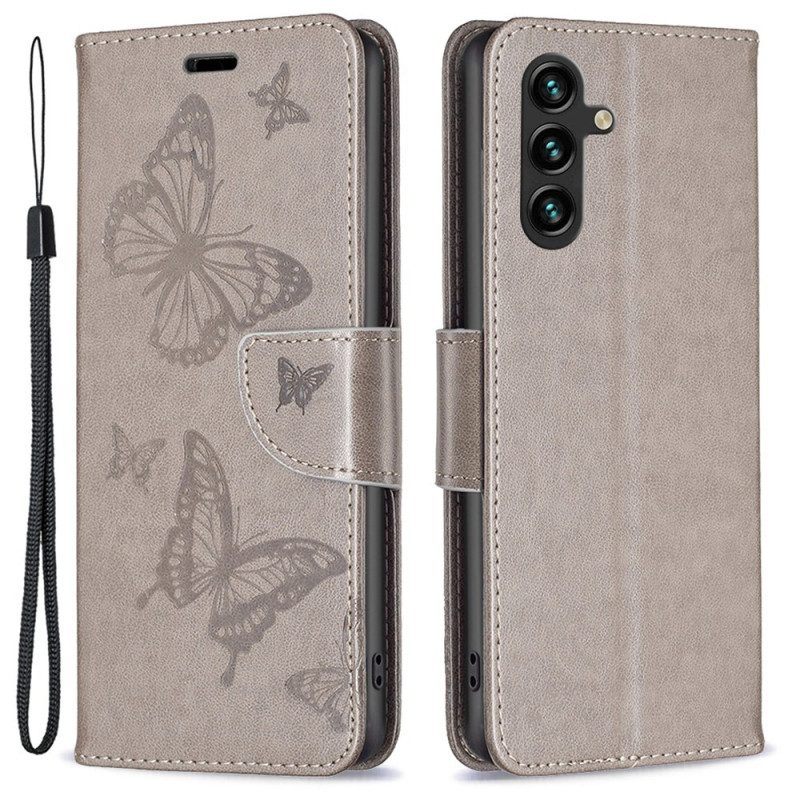 Folio-hoesje voor Samsung Galaxy A14 / A14 5G Met Ketting Vlinders Bedrukte Strappy