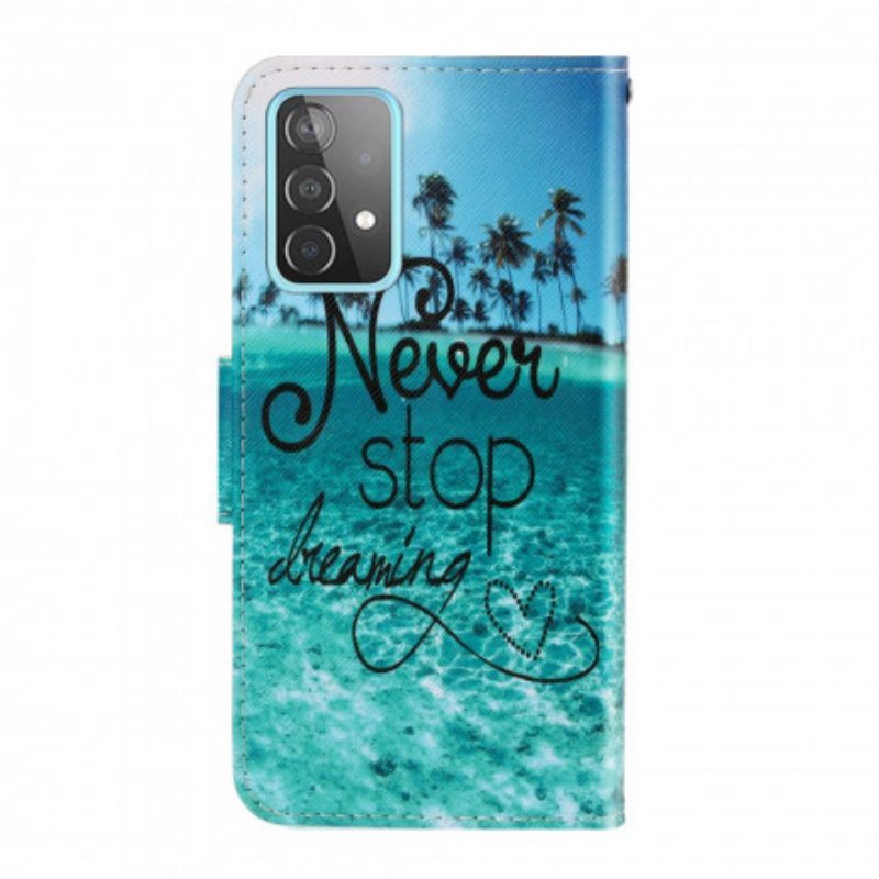 Folio-hoesje voor Samsung Galaxy A52 4G / A52 5G / A52s 5G Met Ketting Stop Nooit Met Dromen In Marineblauwe Bandjes