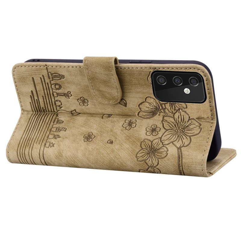 Folio-hoesje voor Samsung Galaxy A54 5G Met Ketting Bloemen String Kat