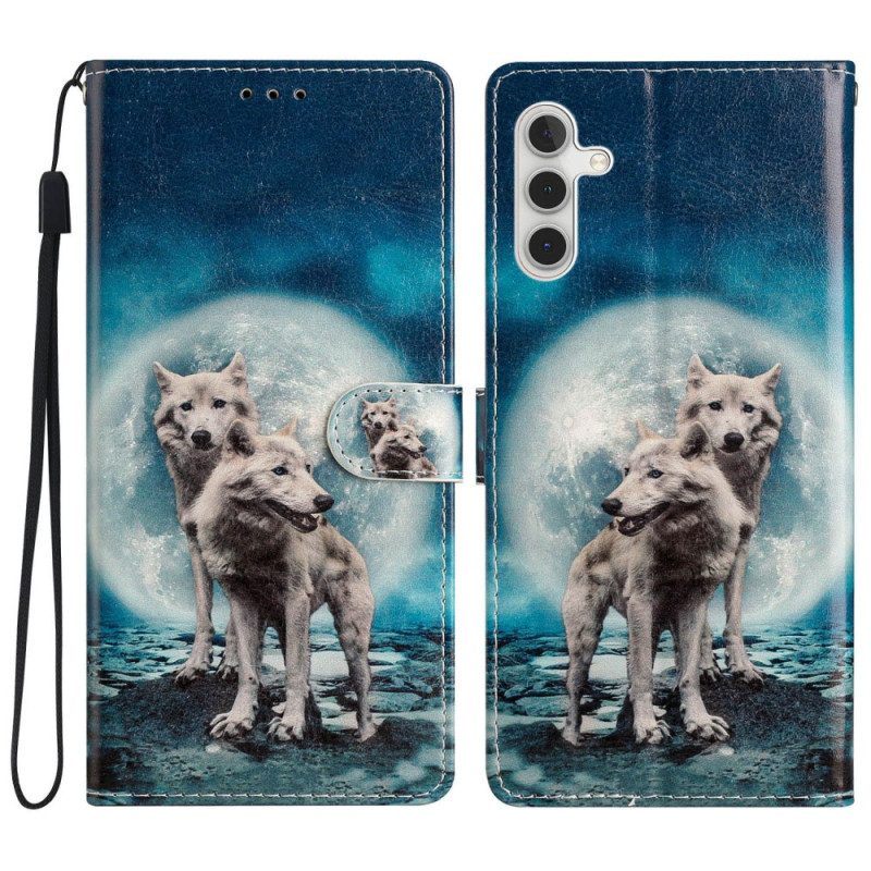 Folio-hoesje voor Samsung Galaxy A54 5G Wolf Onder Maan Met Lanyard