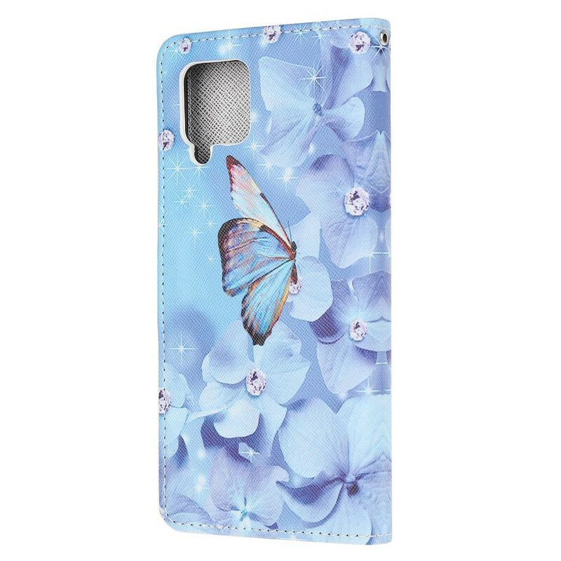 Folio-hoesje voor Samsung Galaxy M12 / A12 Met Ketting Strappy Diamanten Vlinders