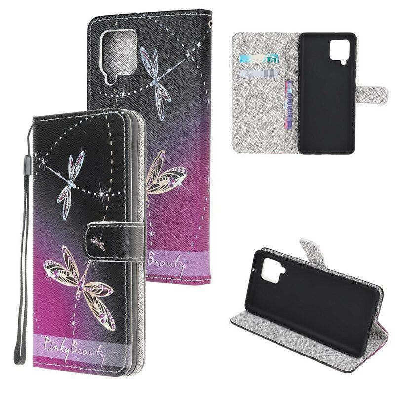 Folio-hoesje voor Samsung Galaxy M12 / A12 Met Ketting Strappy Libellen