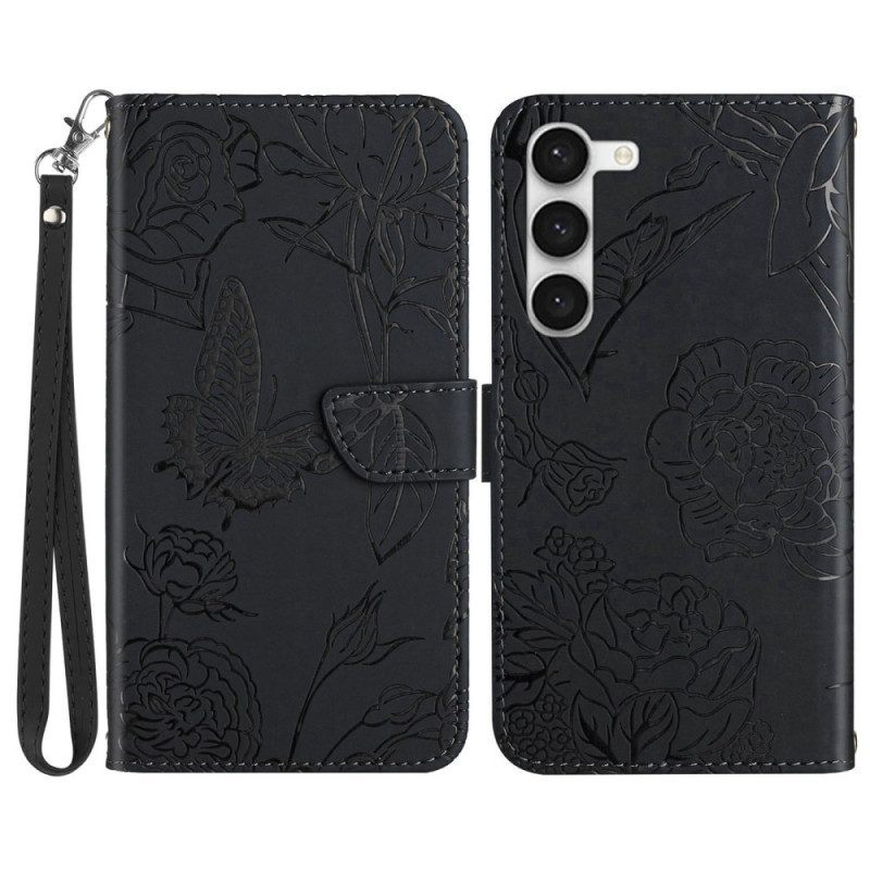 Folio-hoesje voor Samsung Galaxy S23 5G Vlinder Met Lanyard