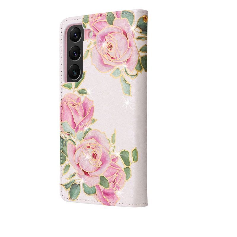 Folio-hoesje voor Samsung Galaxy S23 Plus 5G Rfid-bloemen Met Sleutelkoord