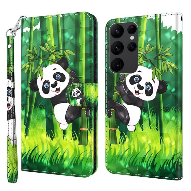 Folio-hoesje voor Samsung Galaxy S23 Ultra 5G Met Ketting Bamboe Panda Met Lanyard