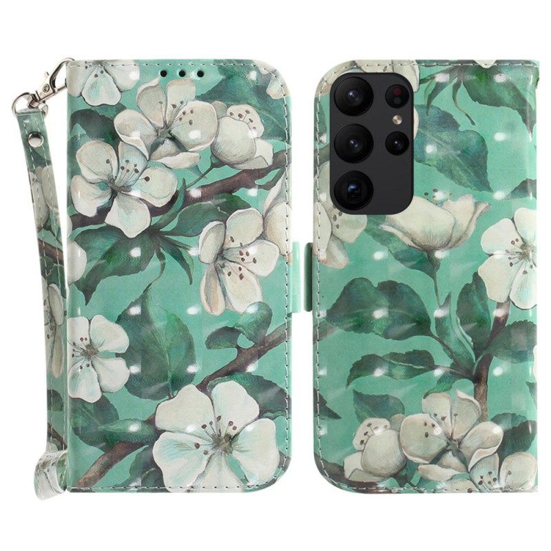 Folio-hoesje voor Samsung Galaxy S23 Ultra 5G Met Ketting Witte Bloemen Met Bandjes