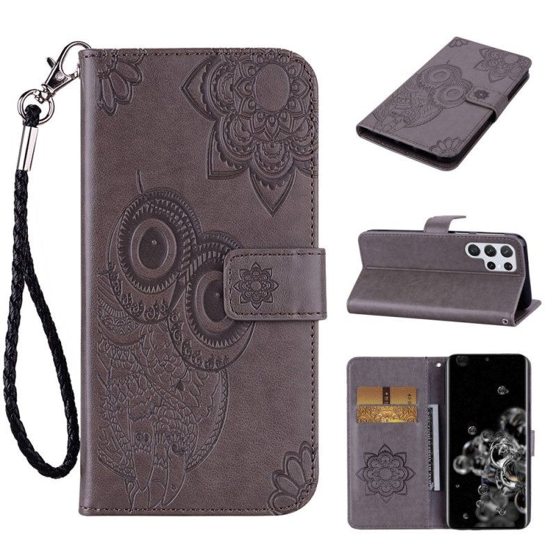 Folio-hoesje voor Samsung Galaxy S23 Ultra 5G Uil Mandala En Lanyard