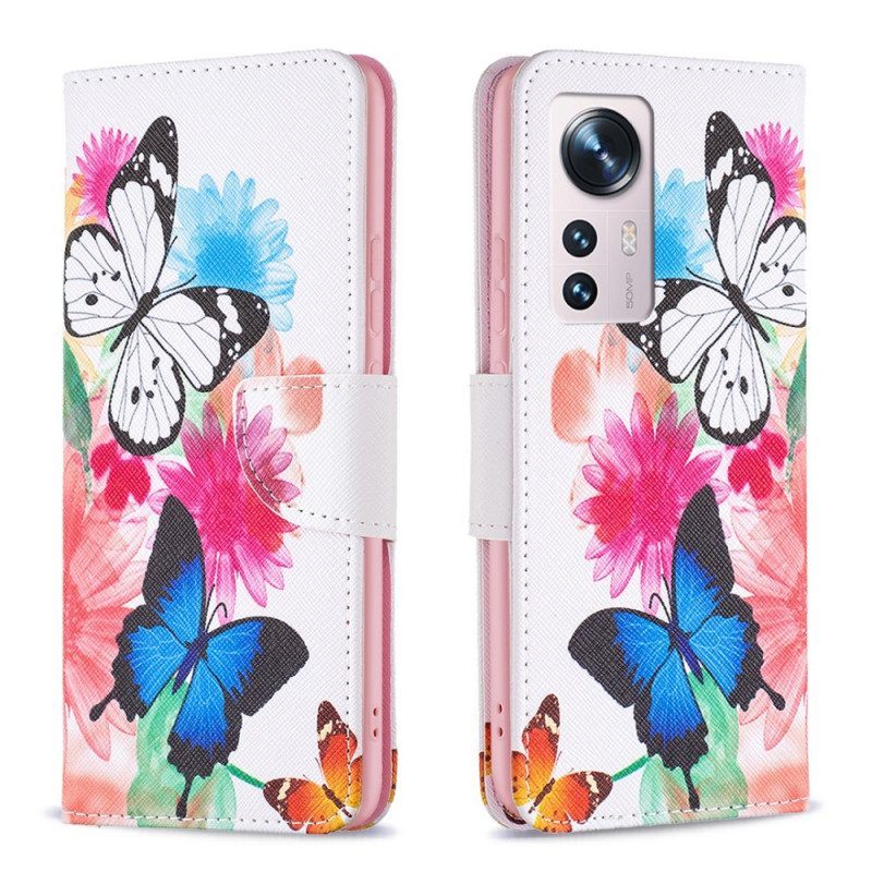 Folio-hoesje voor Xiaomi 12 / 12X Geschilderde Vlinders En Bloemen