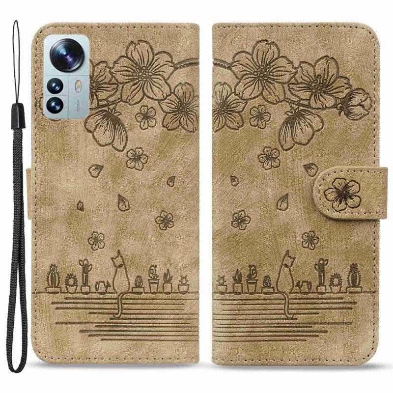 Folio-hoesje voor Xiaomi 12 / 12X Met Ketting Bloemen String Kat