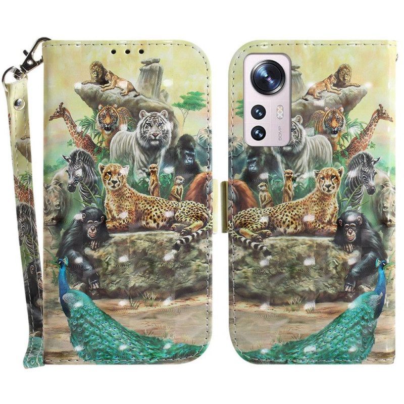 Folio-hoesje voor Xiaomi 12 / 12X Met Ketting String Safari Dieren