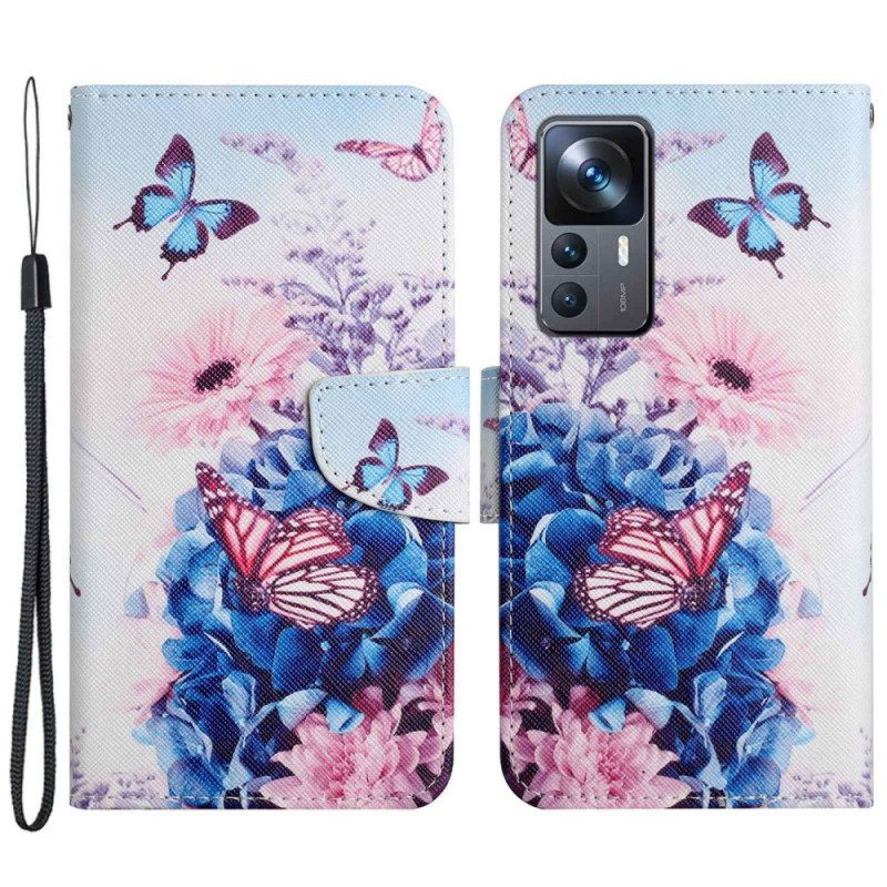 Folio-hoesje voor Xiaomi 12T / 12T Pro Bloemvlinders Met Lanyard