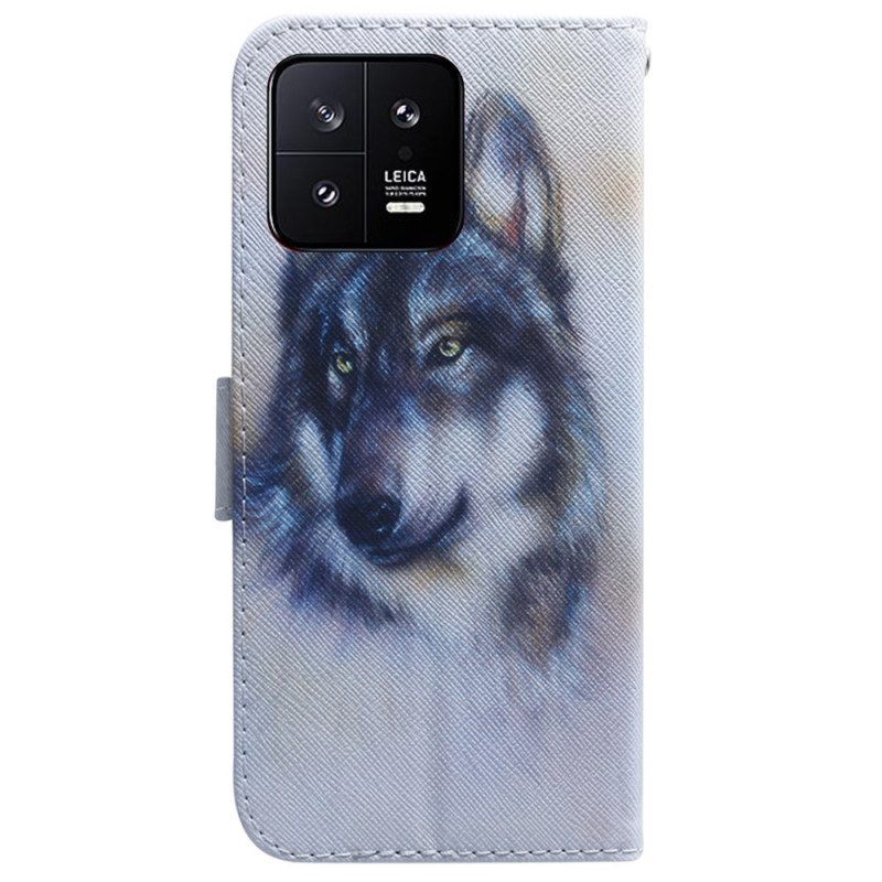 Folio-hoesje voor Xiaomi 13 Met Ketting Strappy Aquarel Wolf