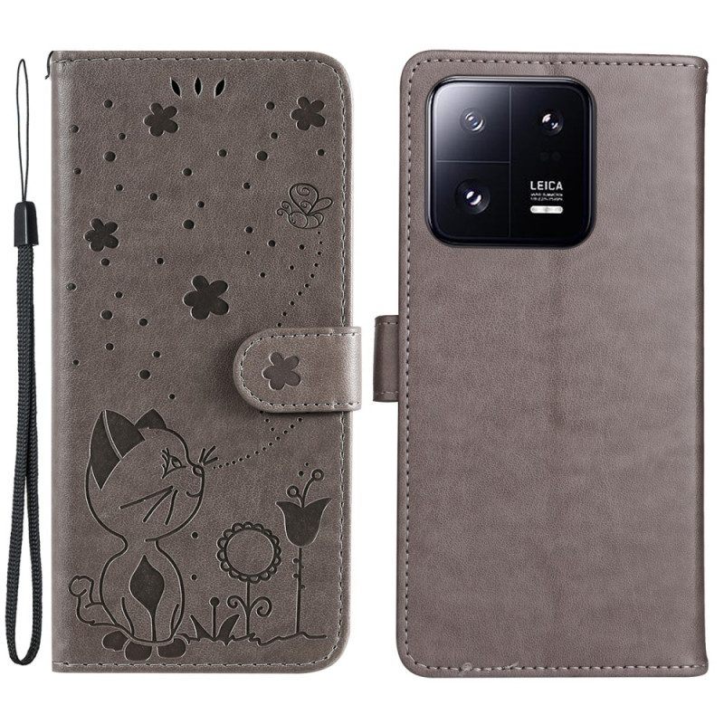 Folio-hoesje voor Xiaomi 13 Pro Met Ketting Kat En Bij Met Lanyard